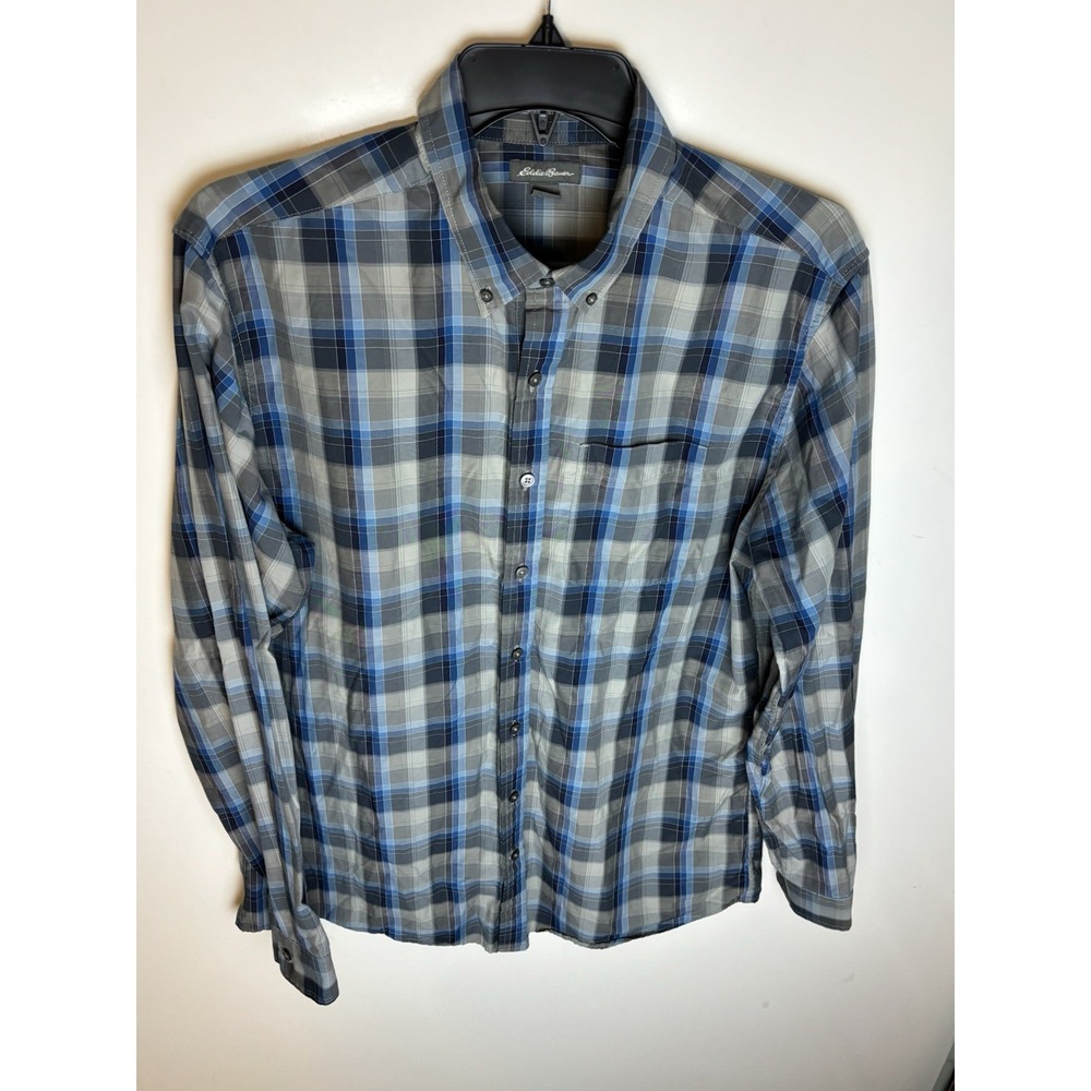 Eddie Bauer Mens Classic Fit Blue Plaid Long Sleeve Button Down Shirt LG Tall